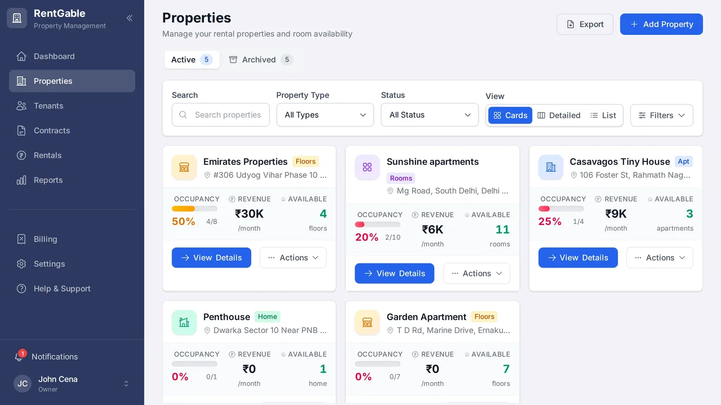 RentGable properties list — every property with occupancy, dues and revenue per card