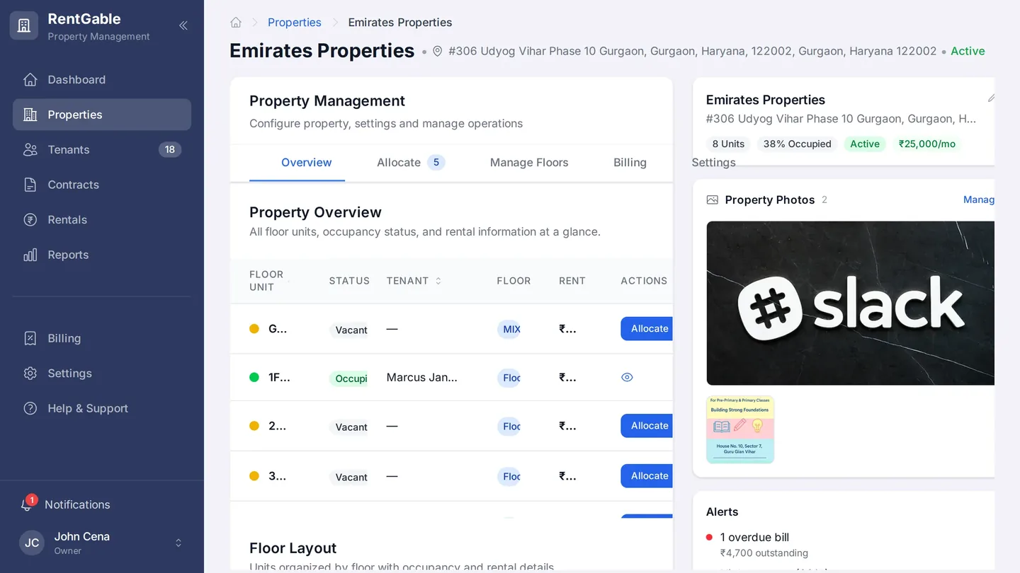 RentGable property detail — a single property's units, occupancy and activity, one click deep