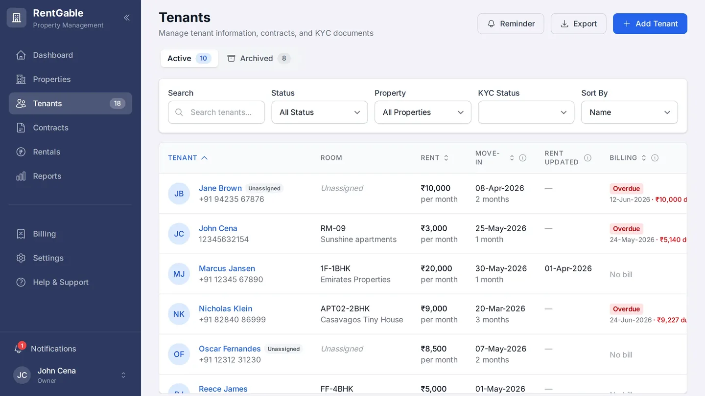 RentGable tenants view — every tenant with their unit, contract status and dues